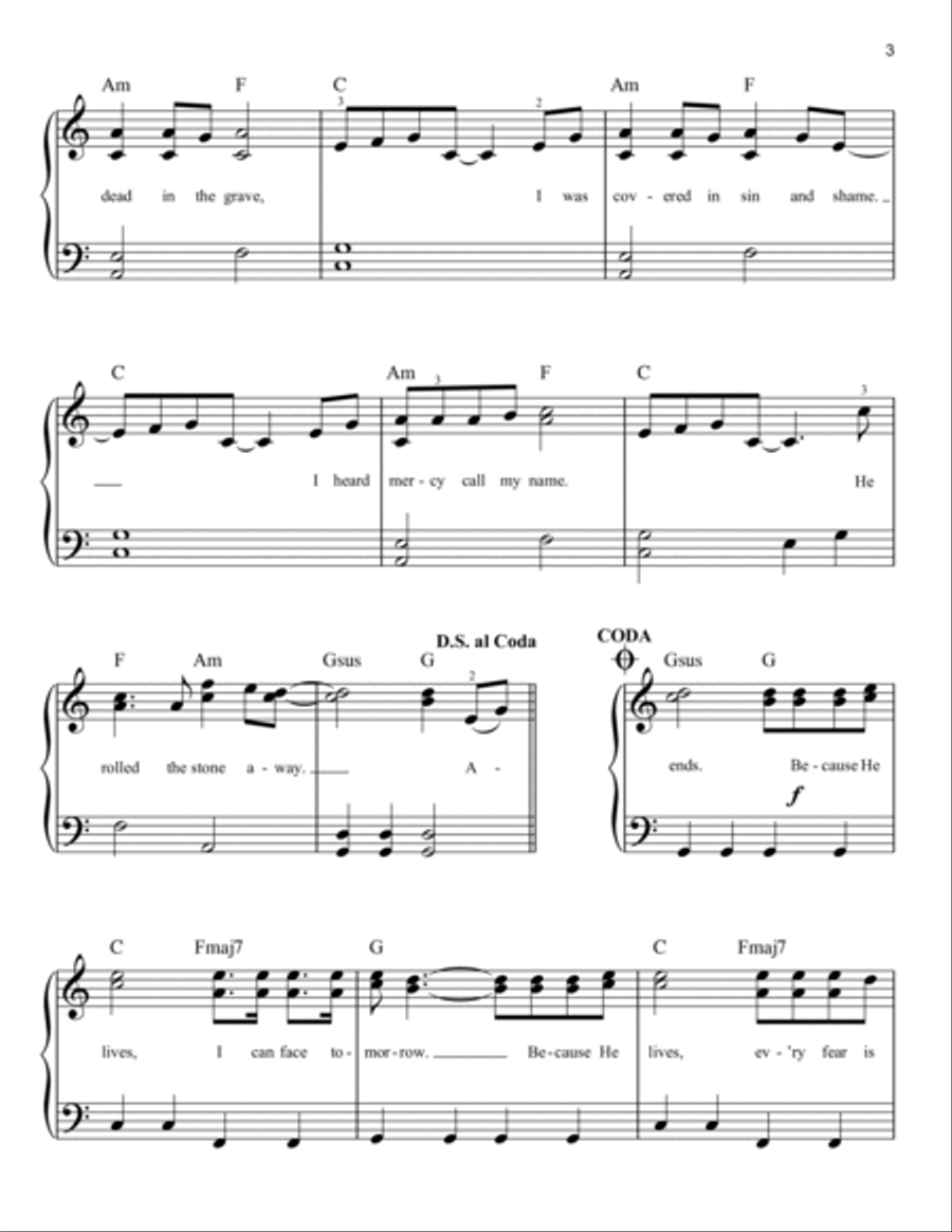 Because He Lives, Amen Because He Lives, Amen Easy Piano scores gallery preview page 3