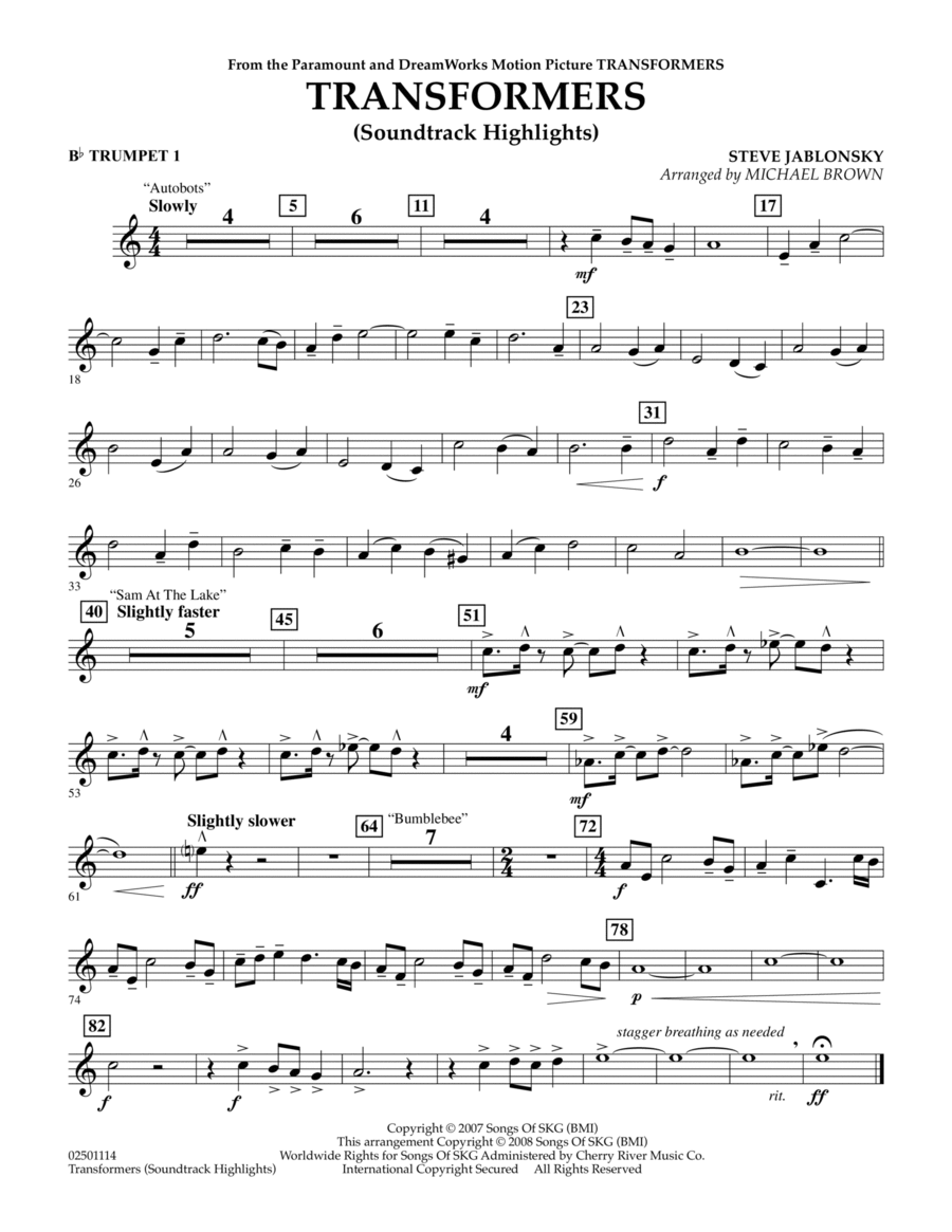 Transformers Soundtrack Highlights - Bb Trumpet 1