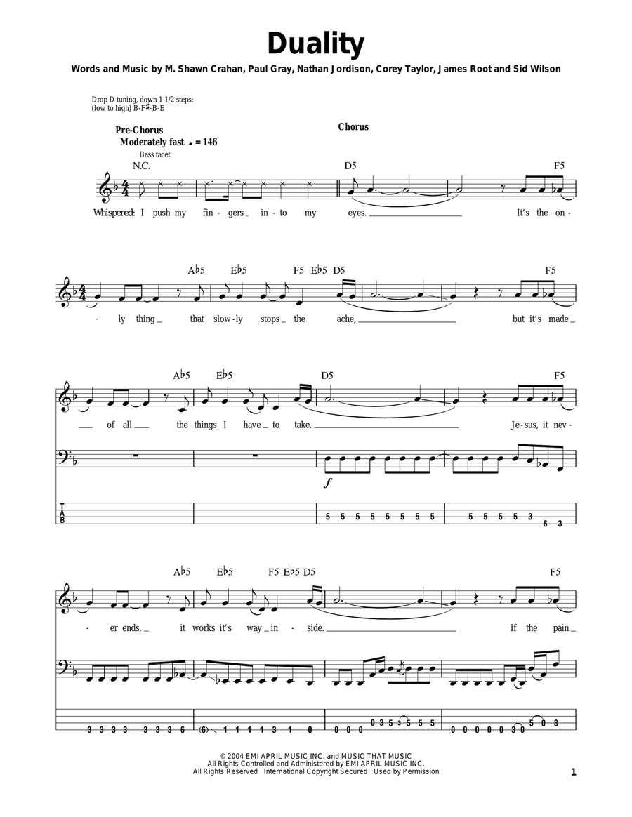 Duality Bass Guitar Tablature scores gallery preview page 1