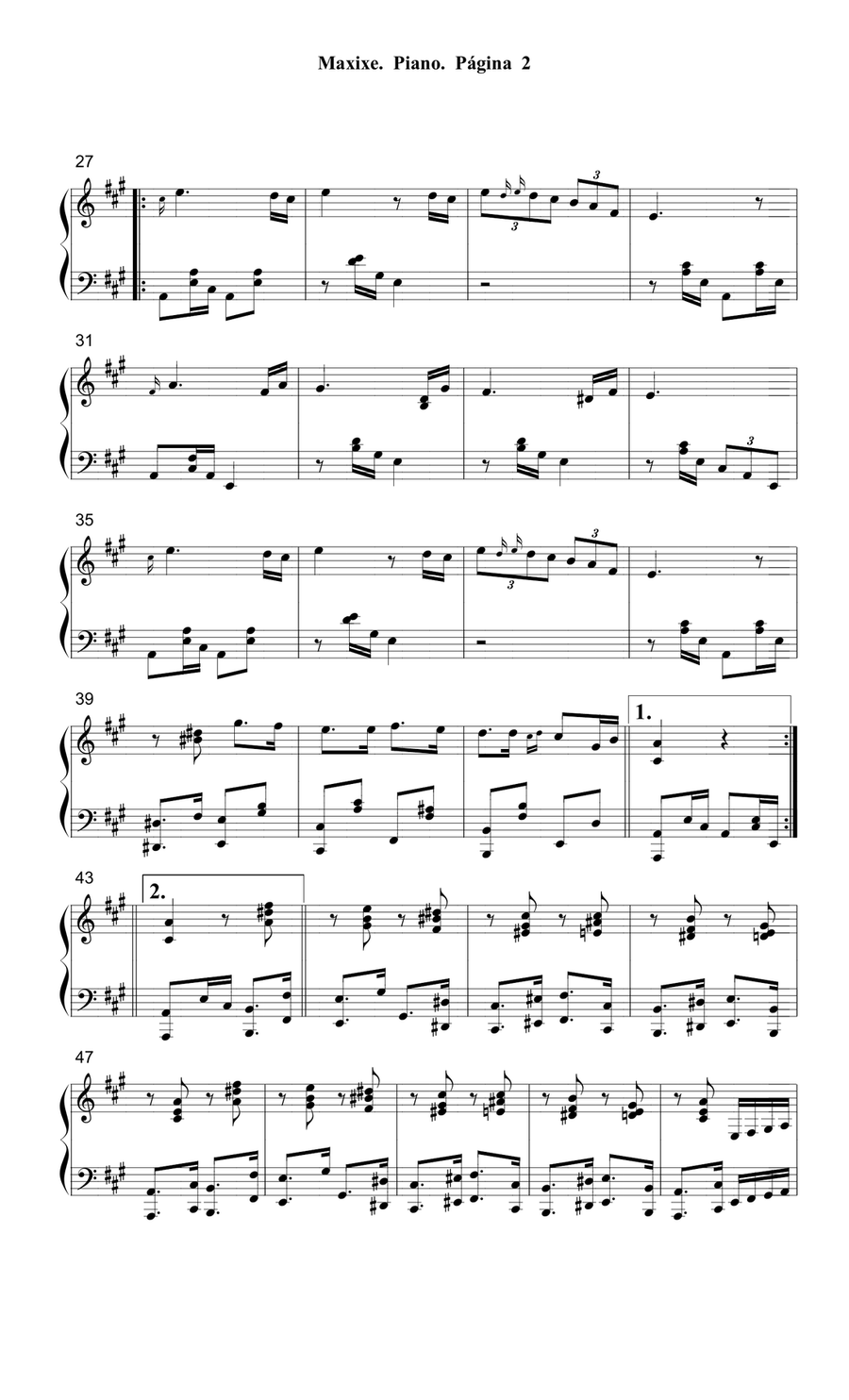 Maxixe por Agustín Pío Barrios Mangoré (Nitsuga Mangoré) para Piano Solo Piano Solo scores gallery preview page 2