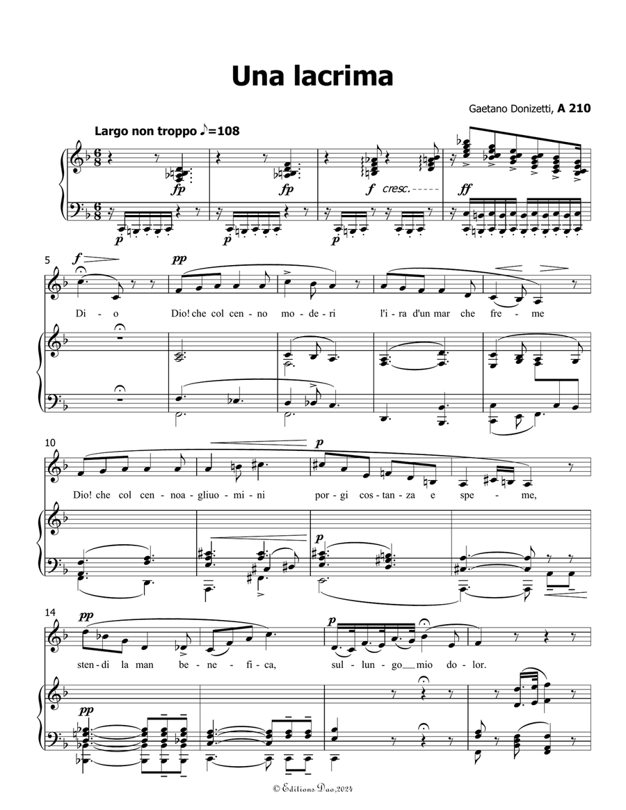 Una lacrima, by Donizetti, A 210, in F Major Piano, Vocal scores gallery preview page 3