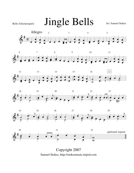 Jingle Bells - for solo glockenspiel (bell set) by James Pierpont
