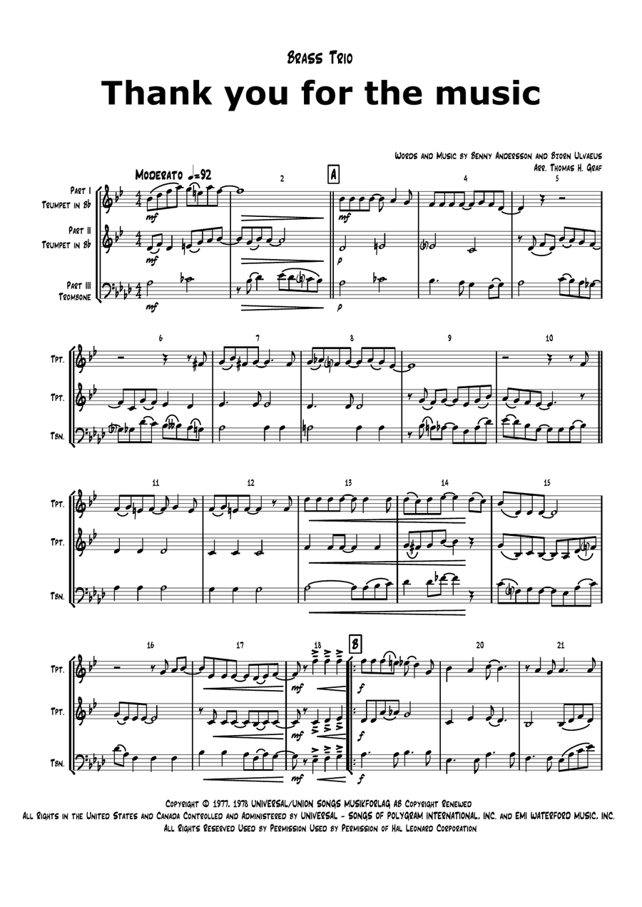 Thank You For The Music Brass Ensemble scores gallery preview page 1