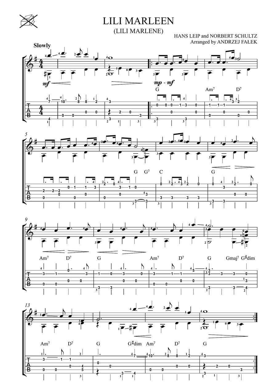 Lilli Marlene (lili Marleen) Guitar Tablature scores gallery preview page 1