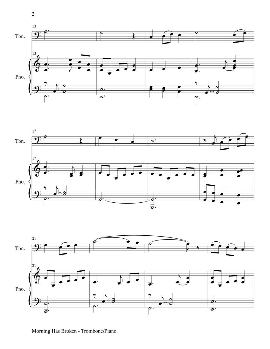 MORNING HAS BROKEN (Trombone/Piano and Trombone Part) Piano scores gallery preview page 2