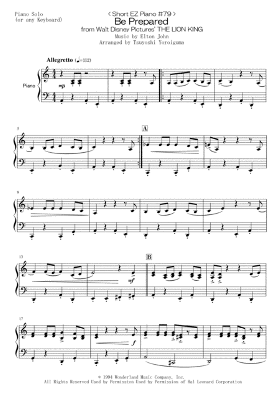 Be Prepared from Walt Disney Pictures' THE LION KING Easy Piano scores gallery preview page 1