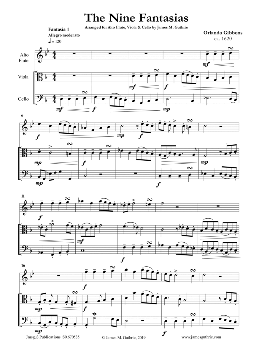 Gibbons: The Nine Fantasias for Alto Flute, Viola & Cello Flute scores gallery preview page 1
