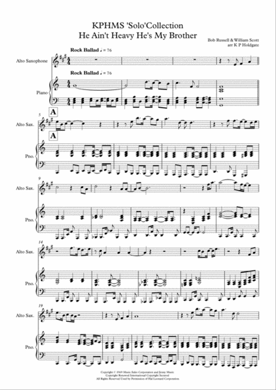 He Ain't Heavy, He's My Brother Alto Saxophone scores gallery preview page 1