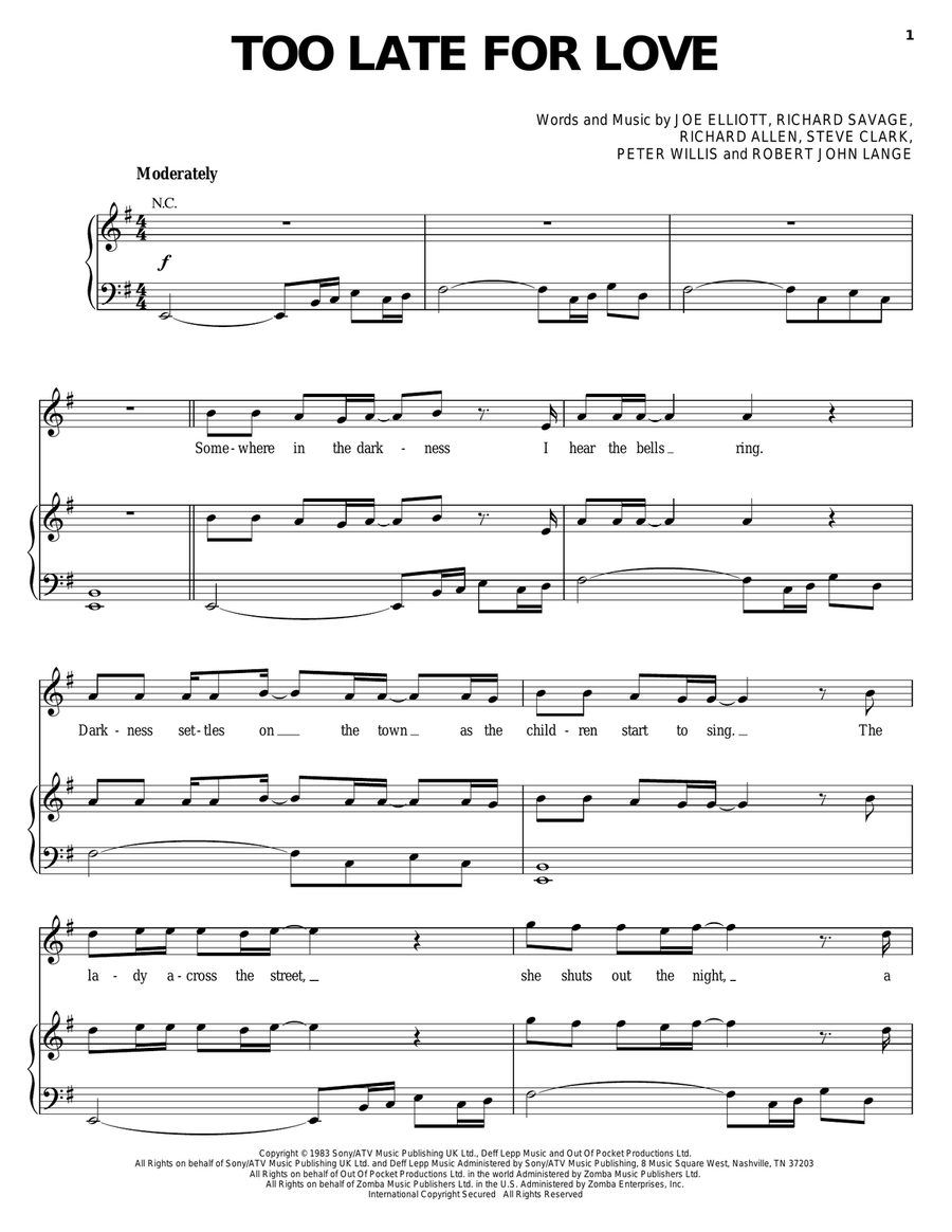 Too Late For Love Too Late For Love Piano, Vocal, Guitar scores gallery preview page 1