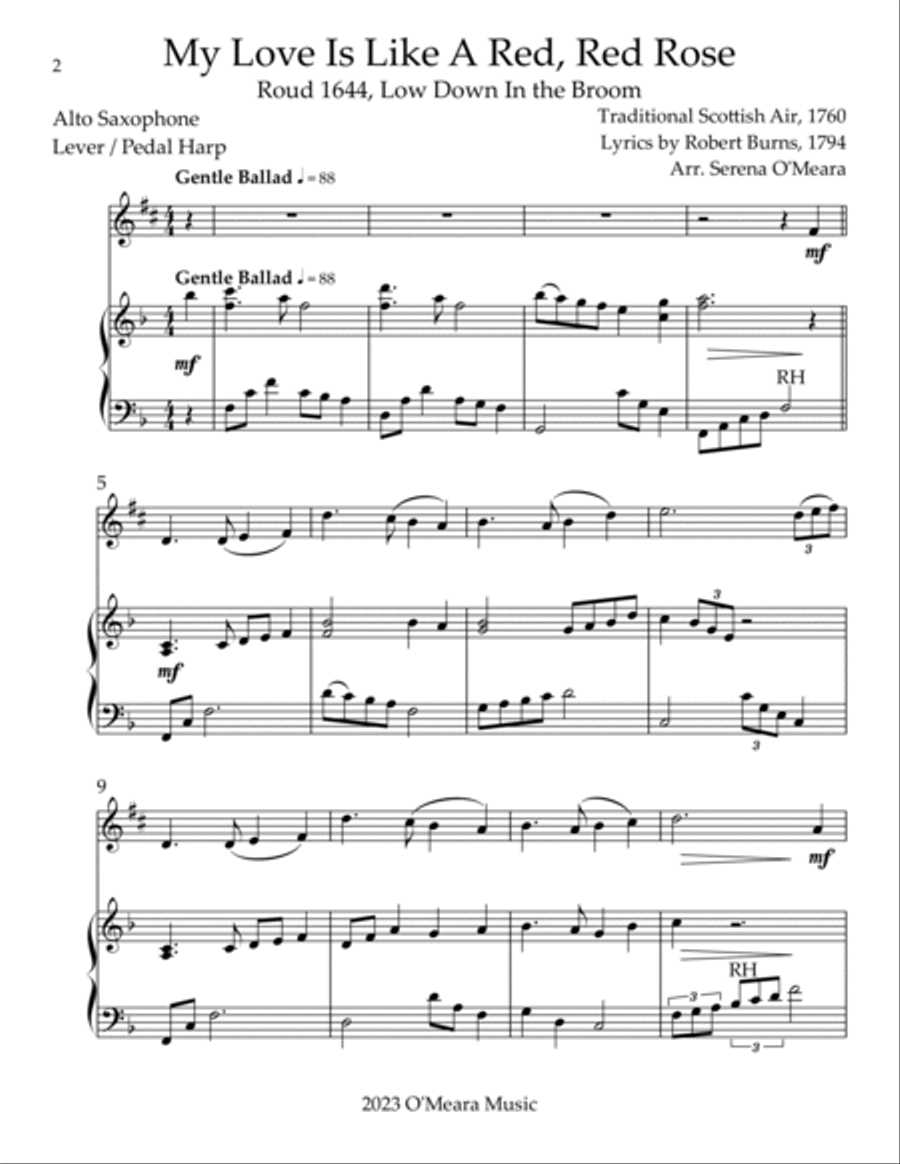 My Love Is Like A Red, Red Rose, Duet for Eb Alto Saxophone & Harp Alto Saxophone scores gallery preview page 2