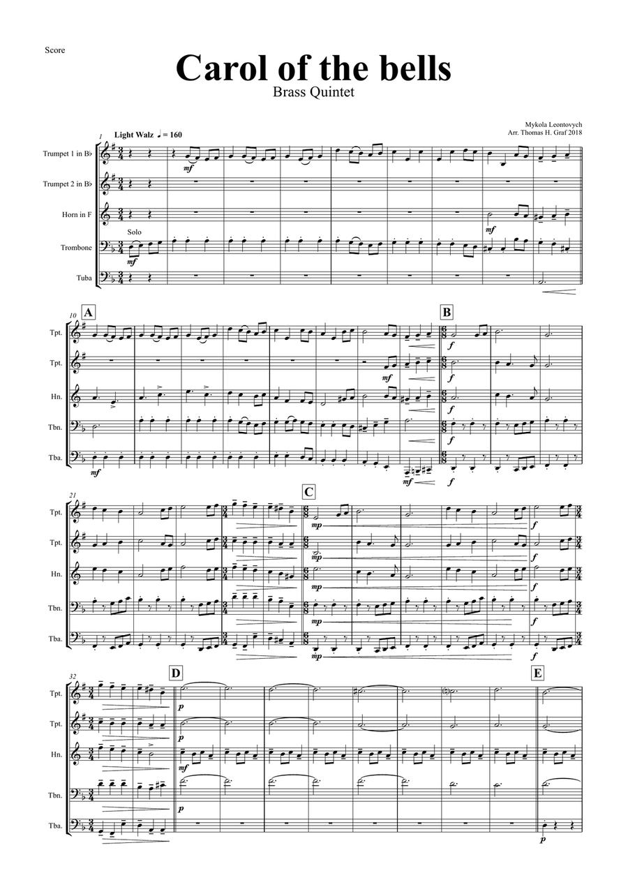 Carol of the Bells - Pentatonix style - Brass Quintet Brass Quintet scores gallery preview page 1