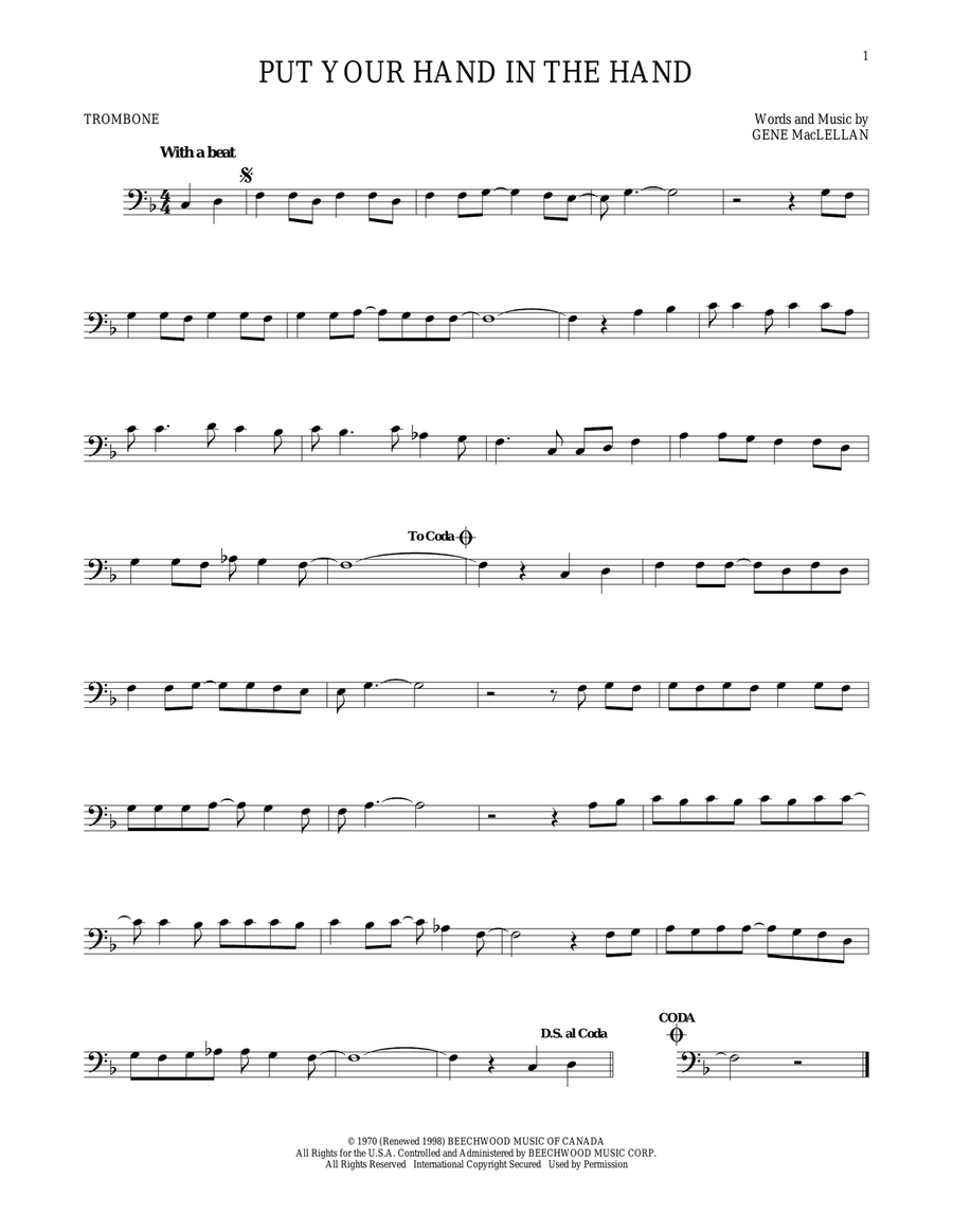 Put Your Hand In The Hand Trombone Solo scores gallery preview page 1