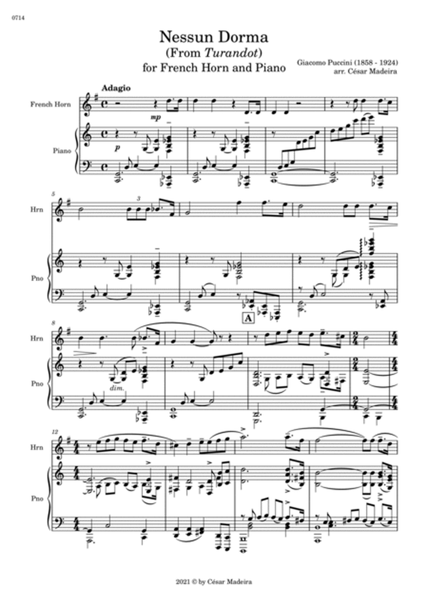 Nessun Dorma by Puccini - French Horn and Piano (Full Score) image number null