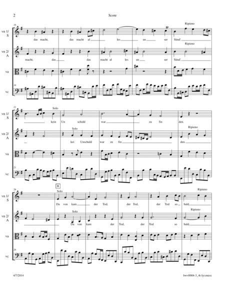 Bach: Cantata BWV 4, No. 3 - Aria: "Den Tod niemand zwingen kunnt" arr. for String Quartet. Option: image number null