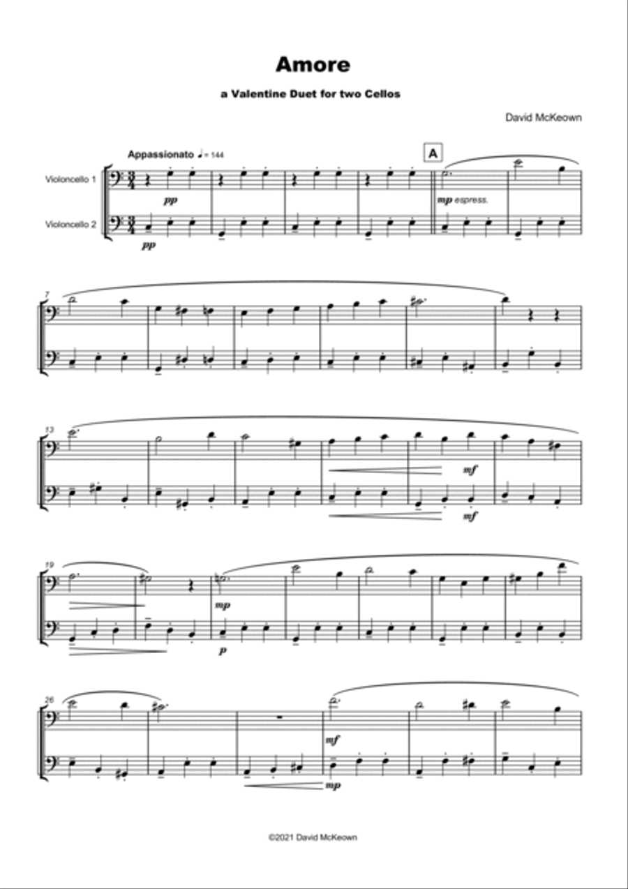 Amore, (Italian for Love), Cello Duet String Duet scores gallery preview page 2