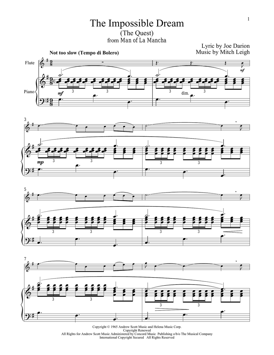 The Impossible Dream (The Quest) (from Man Of La Mancha) Flute Solo scores gallery preview page 1