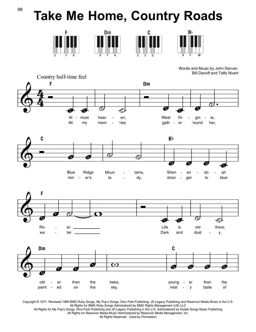 Take Me Home, Country Roads Easy Piano scores gallery preview page 1