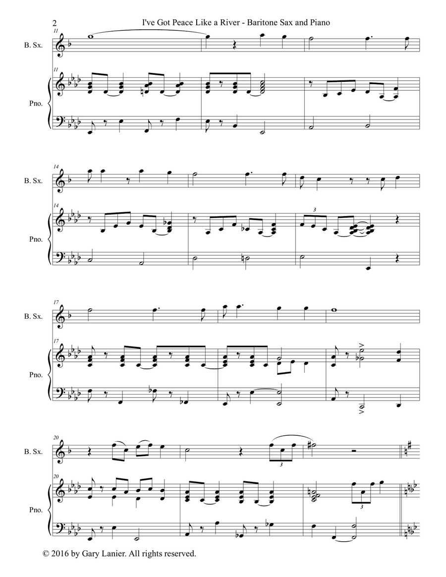 Gary Lanier: I'VE GOT PEACE LIKE A RIVER (Duet – Baritone Sax & Piano with Parts) Woodwind Duet scores gallery preview page 3
