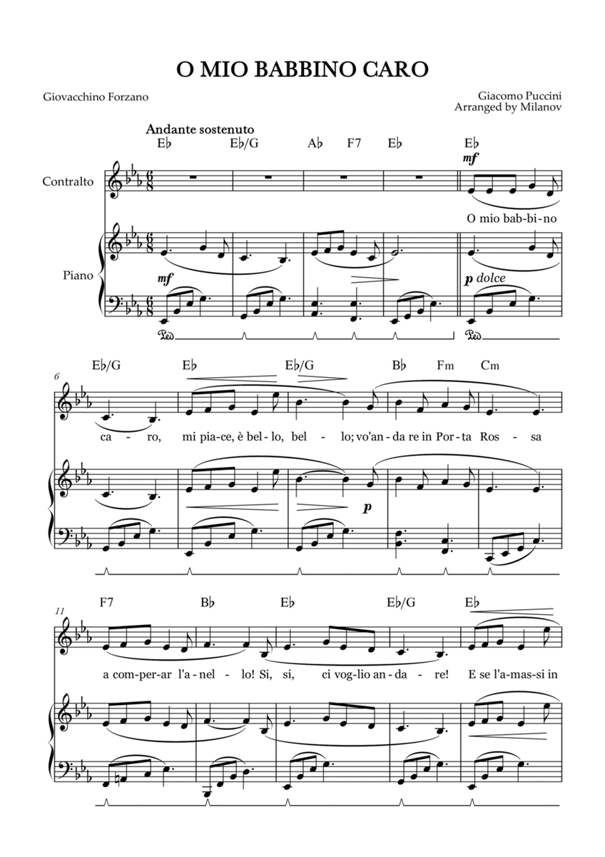 O Mio Babbino Caro | Female Voice Contralto |E-flat Major | Piano accompaniment | Pedal | Chords image number null
