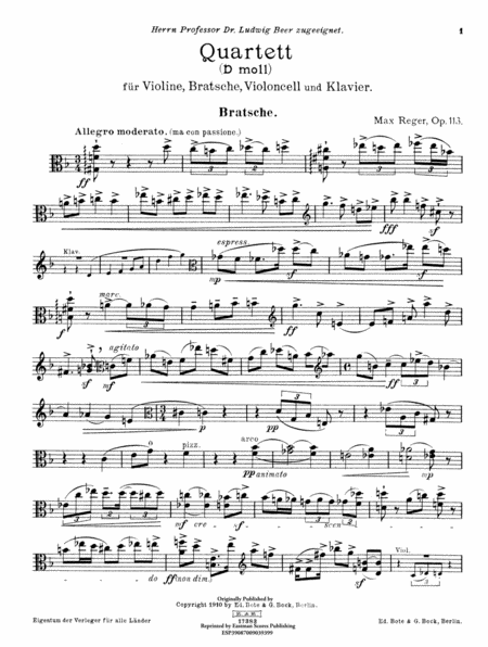 Quartett d-moll fur Violine, Bratsche, Violoncell und Klavier. Op. 113