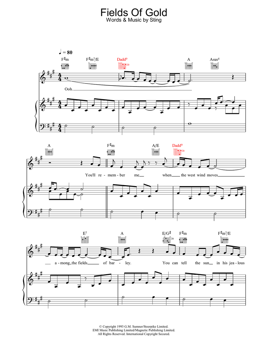 Fields Of Gold Piano, Vocal, Guitar scores gallery preview page 1