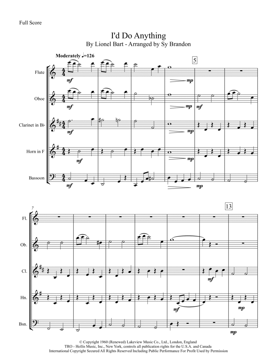 I'd Do Anything I'd Do Anything Woodwind Quintet scores gallery preview page 1