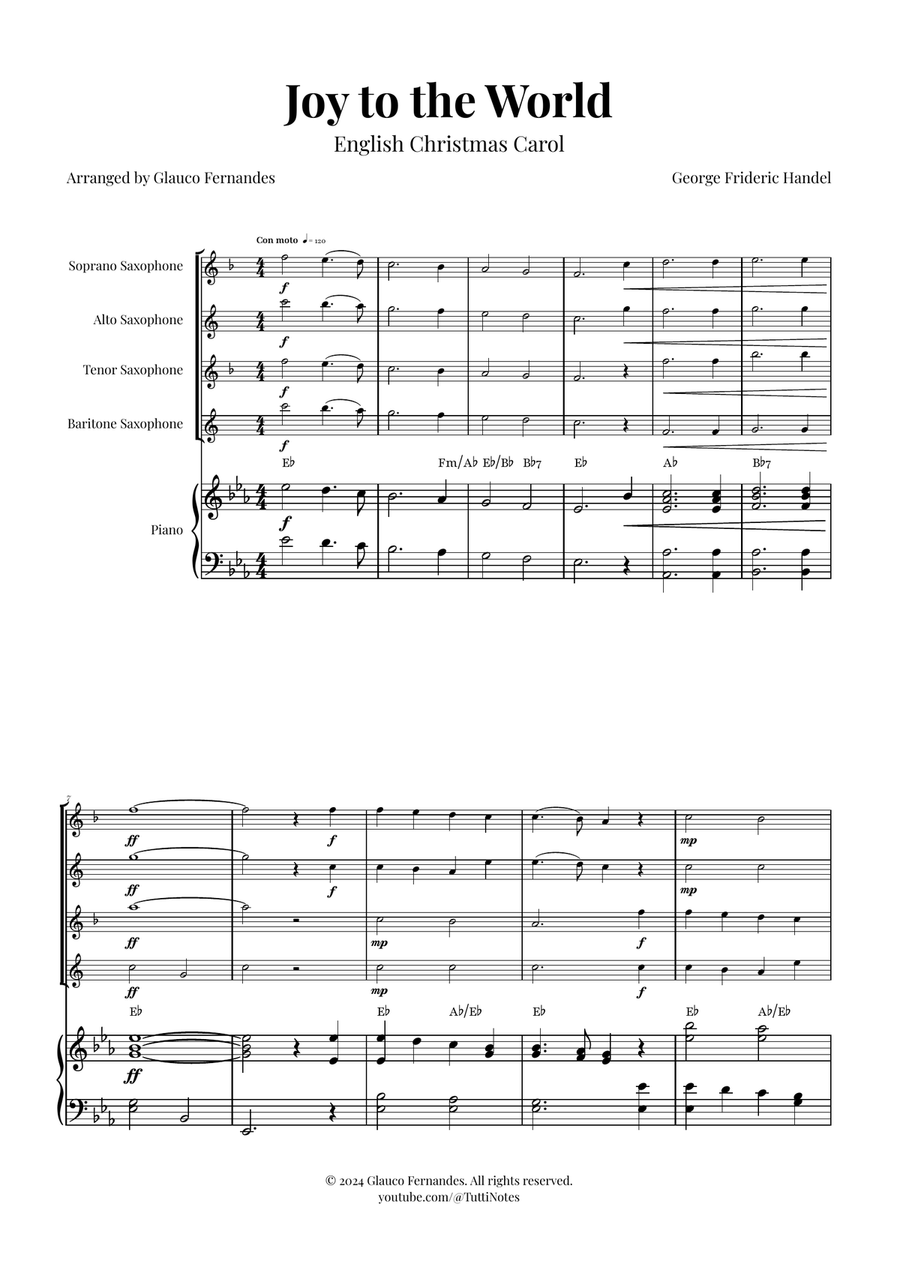 Joy to the World | STUNNING Arrangement Saxophone Quartet scores gallery preview page 1