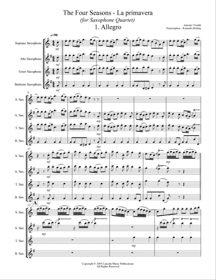 The Four Seasons - La Primavera (for Saxophone Quartet SATB) Saxophone Quartet scores gallery preview page 2