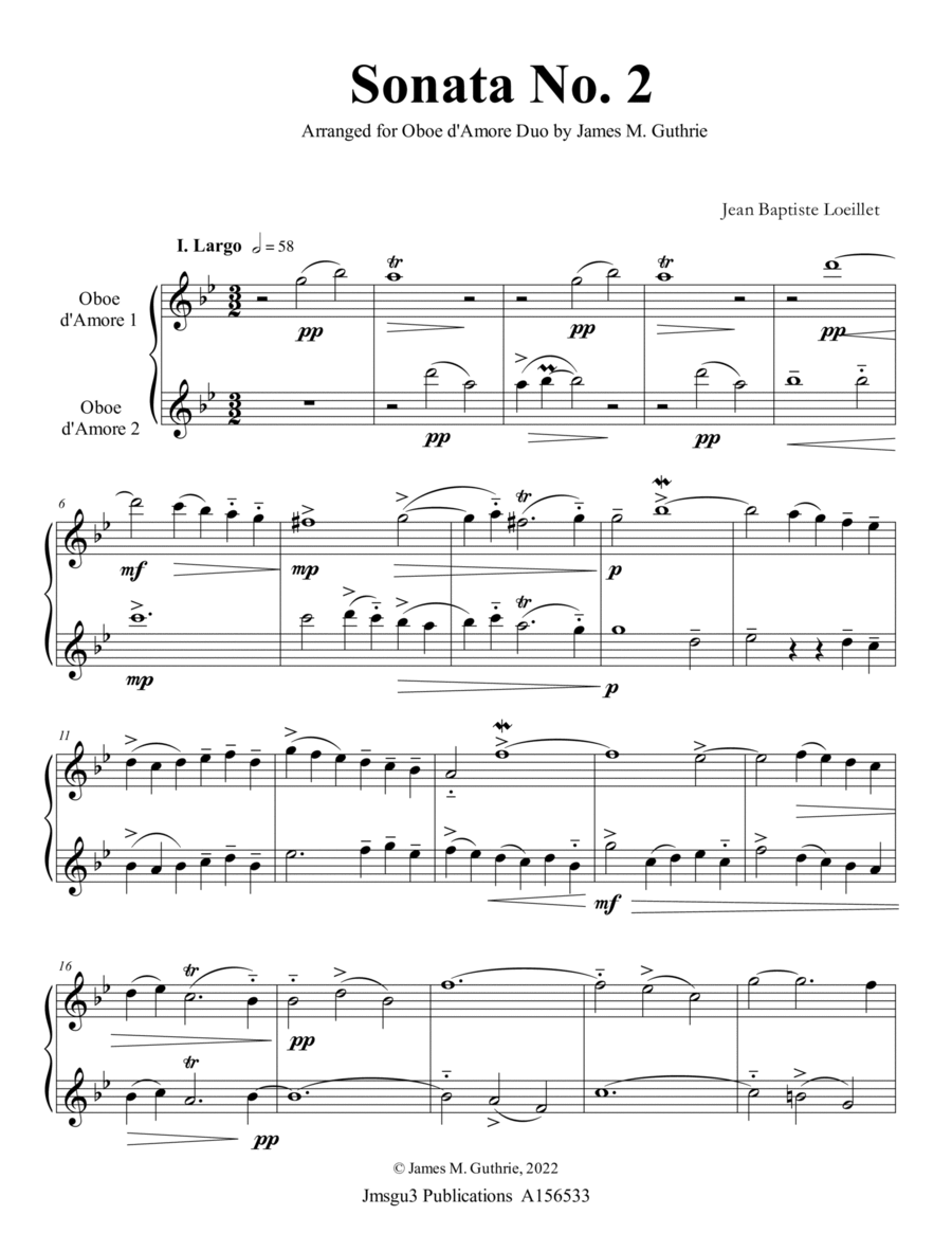 Loeillet: Sonata No. 2 for Oboe d’Amore Duo Woodwind Duet scores gallery preview page 1