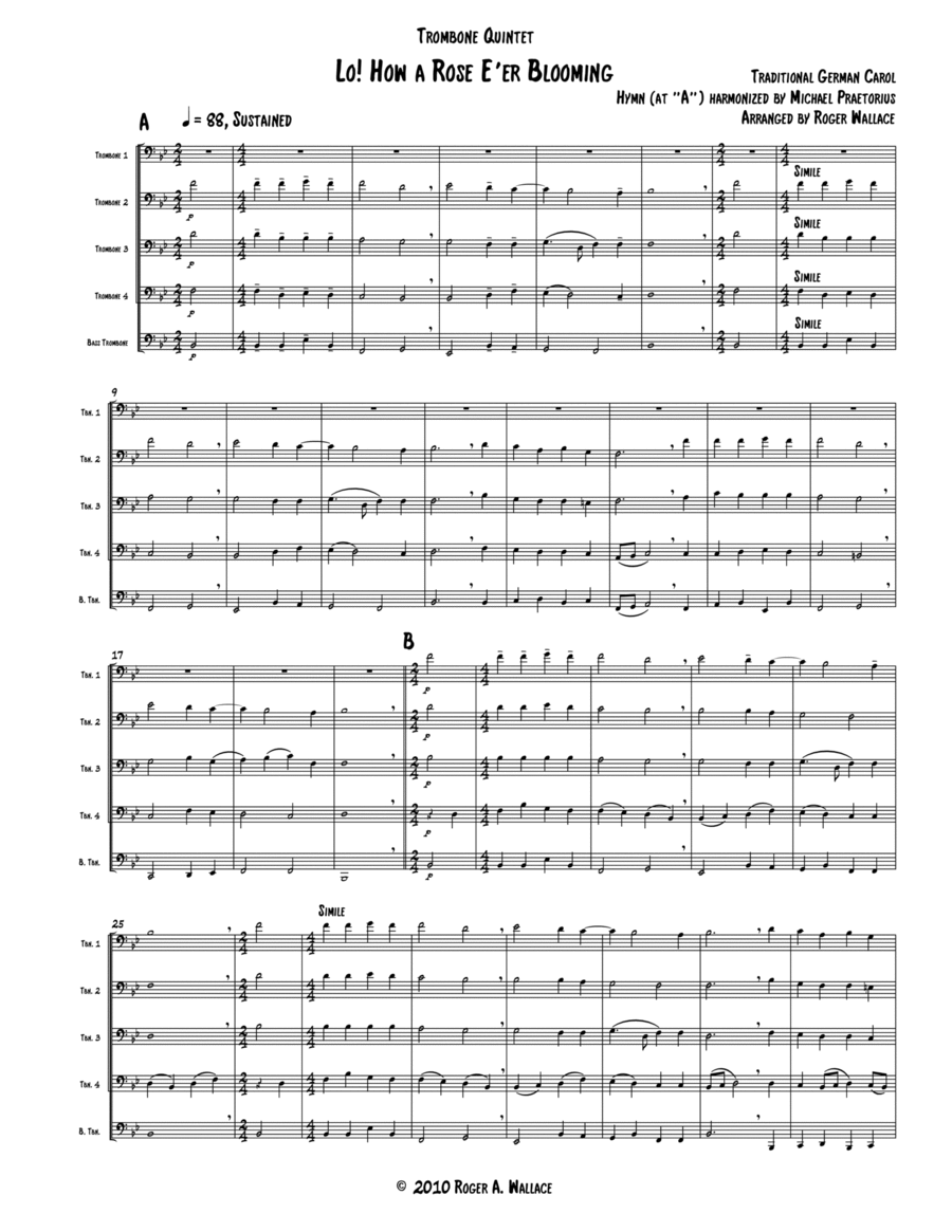 Lo! How a Rose E'er Blooming (Trombone Quintet or Choir) Choir scores gallery preview page 1