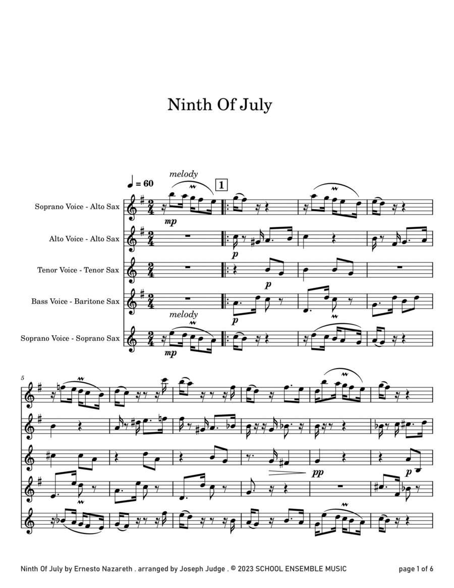 Ninth of July by Nazareth for Saxophone Quartet in Schools Saxophone Quartet scores gallery preview page 1