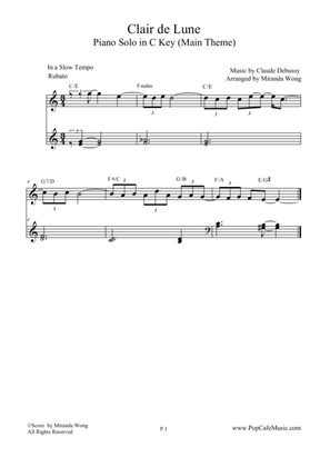 Clair de Lune in C Key - Easy Piano Solo