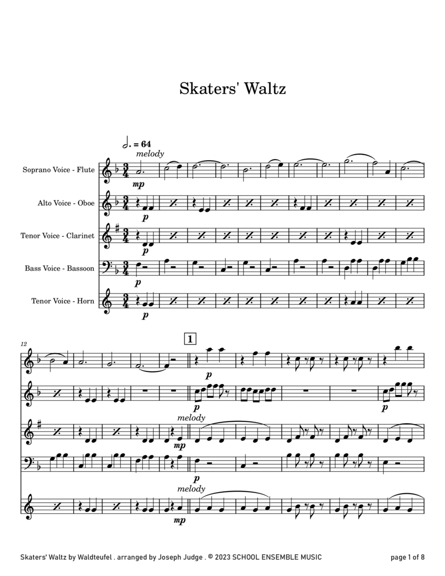 Skaters' Waltz by Waldteufel for Woodwind Quartet in Schools Woodwind Quartet scores gallery preview page 1