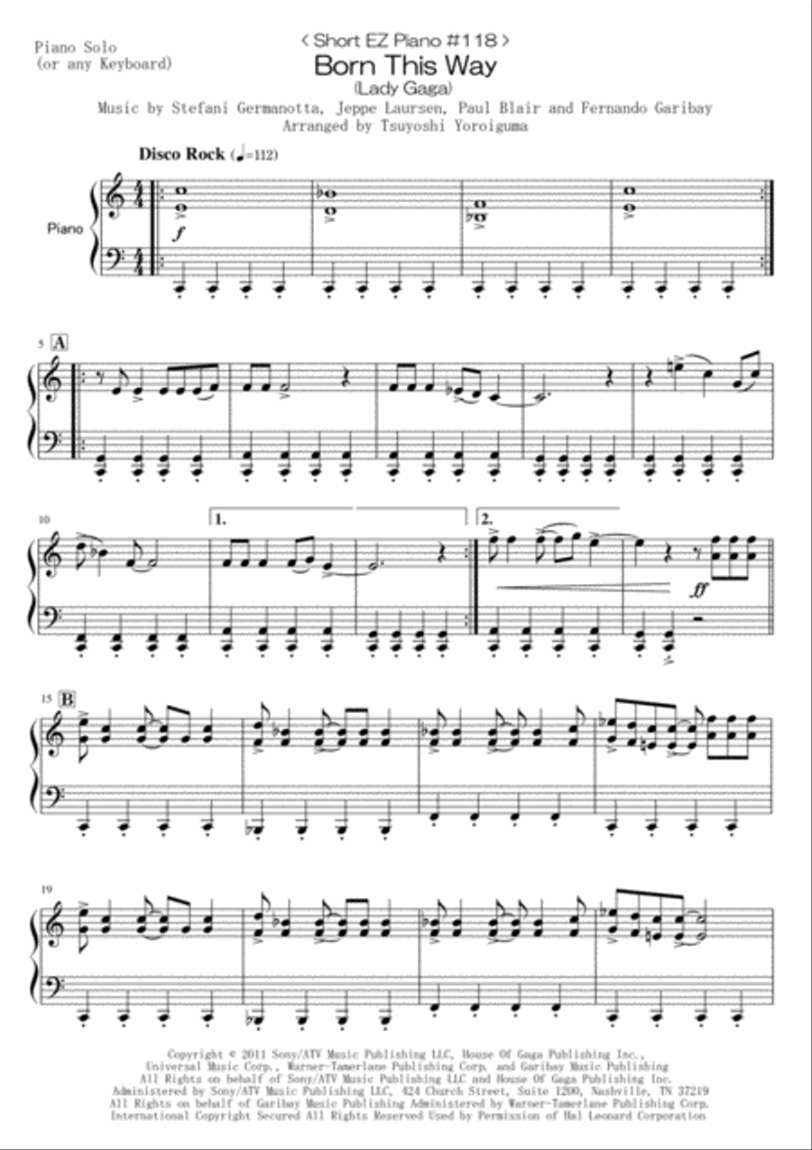 Born This Way Easy Piano scores gallery preview page 1