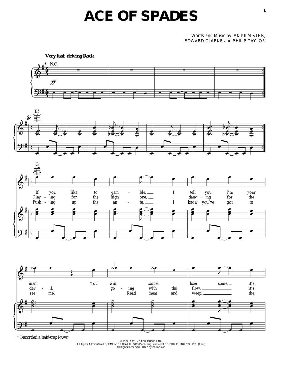Ace Of Spades Ace Of Spades Piano, Vocal, Guitar scores gallery preview page 1