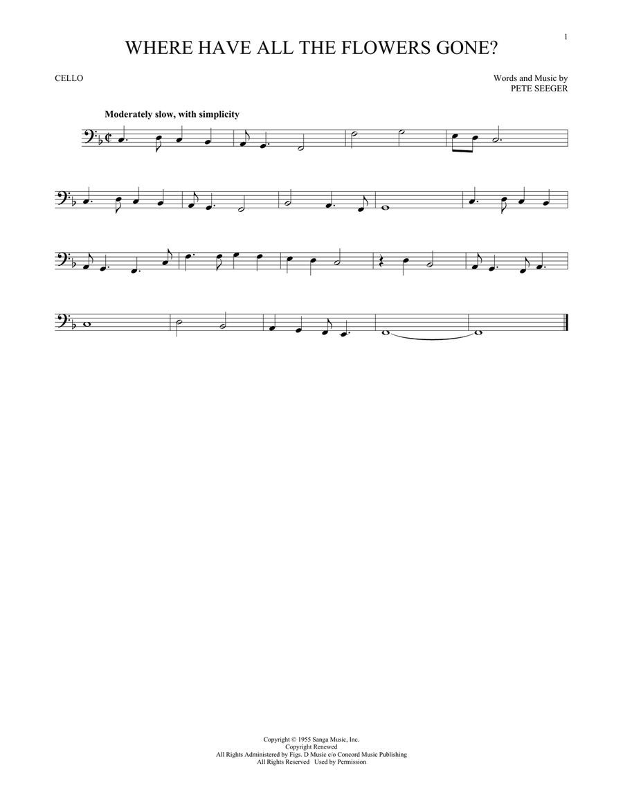 Where Have All The Flowers Gone? Cello Solo scores gallery preview page 1