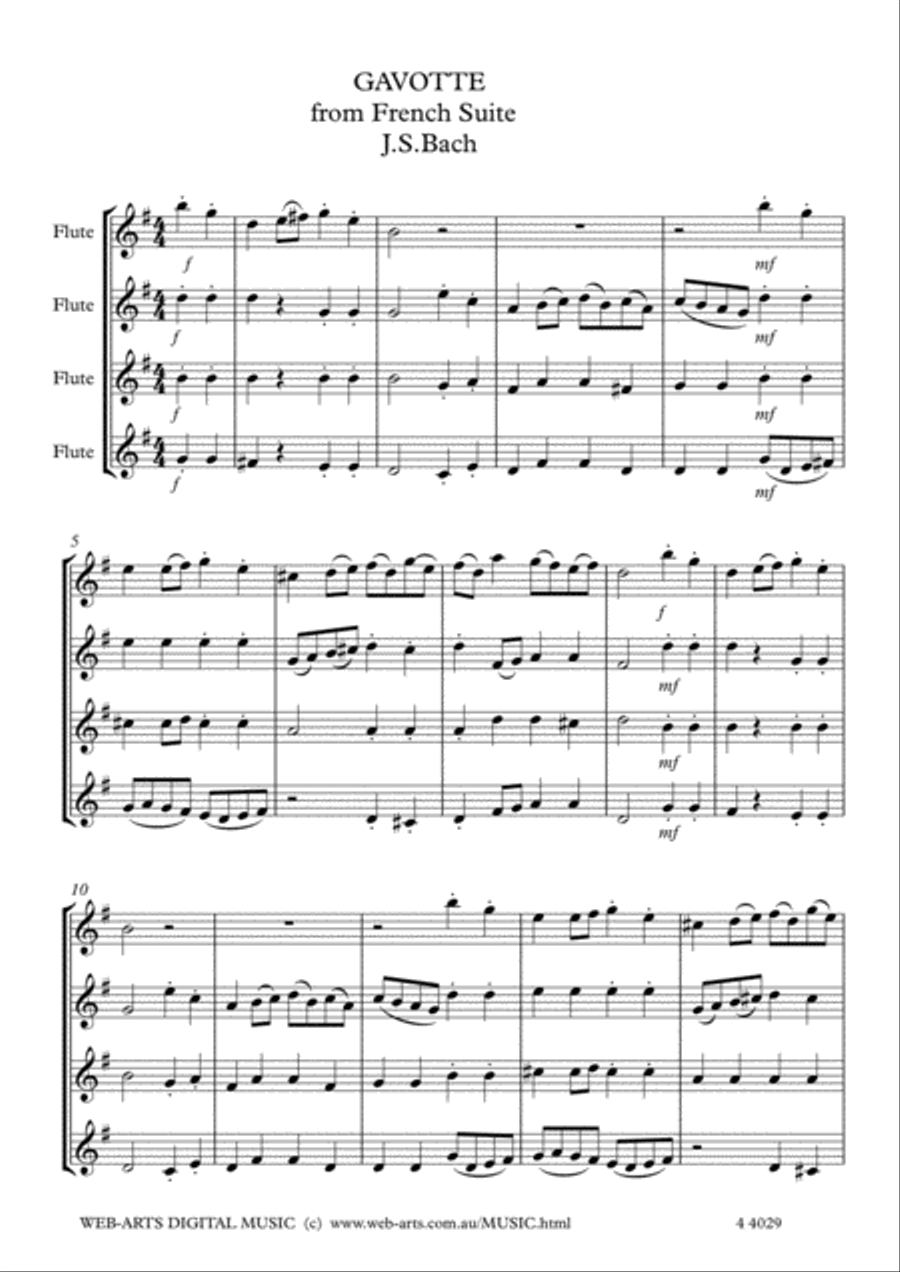 GAVOTTE from French Suite No.5 for 4 flutes - BACH Flute Quartet scores gallery preview page 2