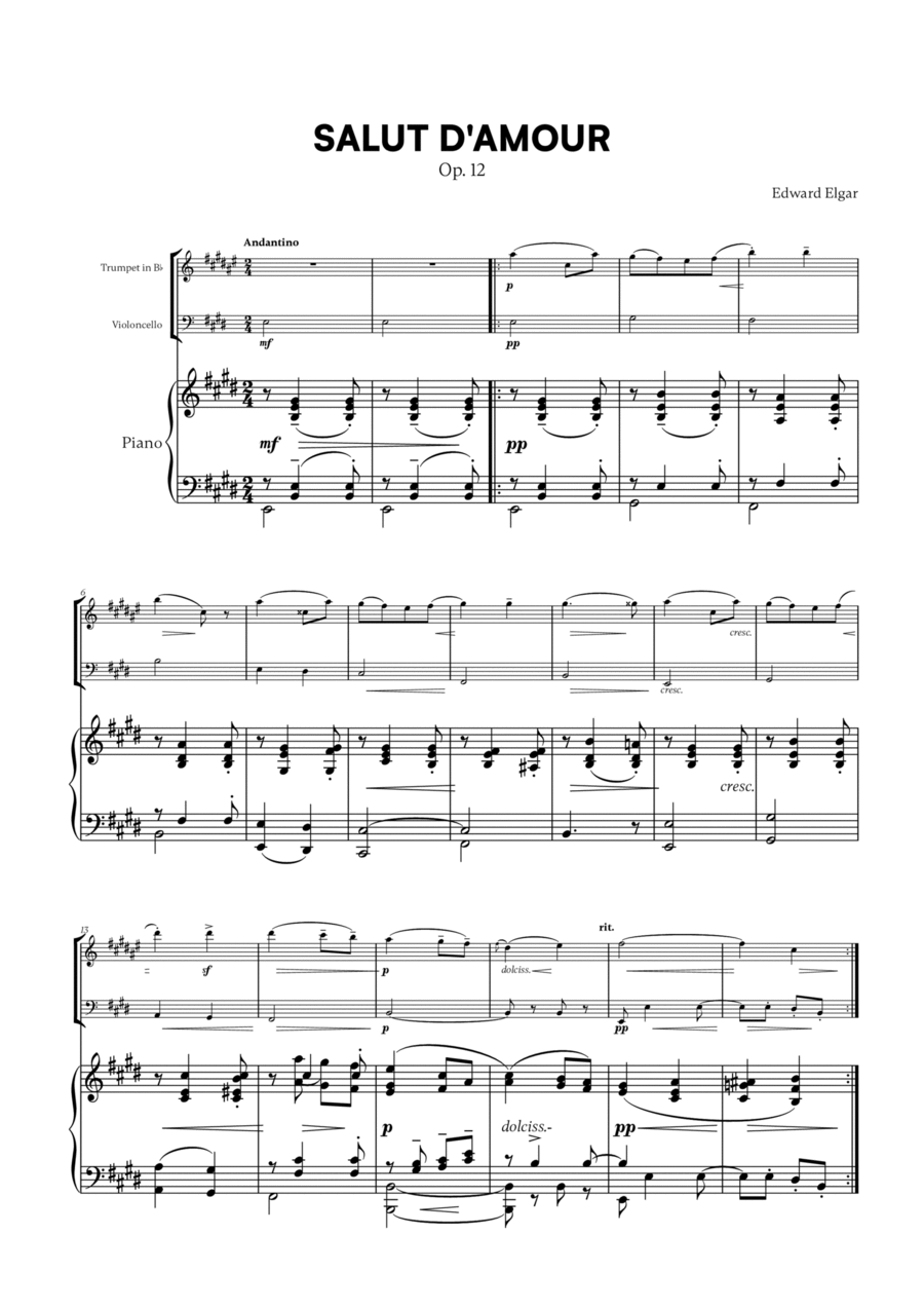 Edward Elgar - Salut d'Amour for Trumpet in Bb, Cello and Piano Trumpet Duet scores gallery preview page 1