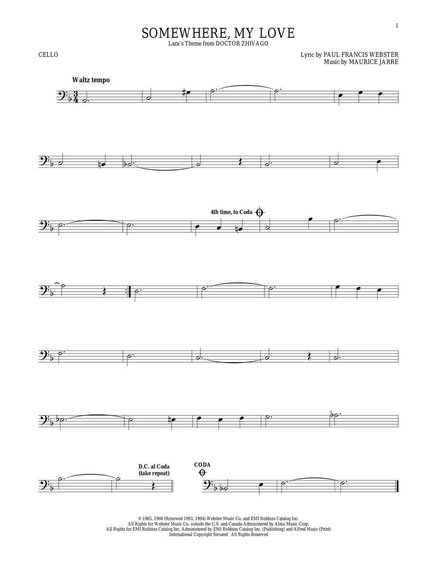 Somewhere, My Love Cello Solo scores gallery preview page 1