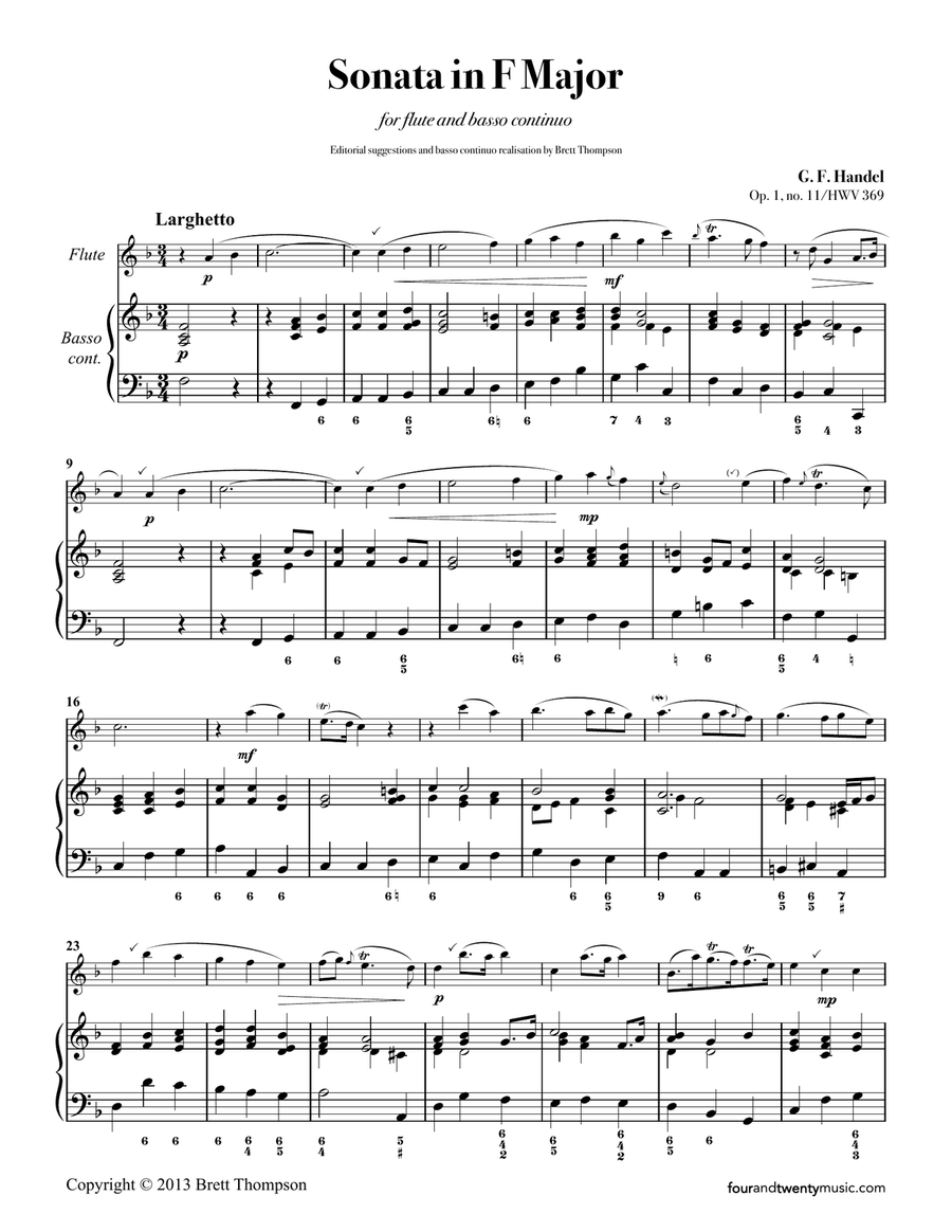 Sonata in F Major for Flute/ recorder and continuo/ piano, opus 1 no 11/HWV 369 Woodwind Duet scores gallery preview page 3