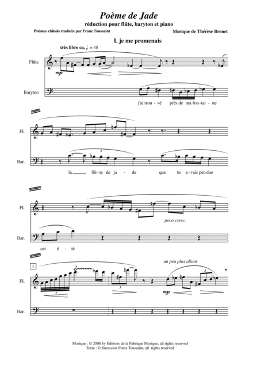 Thérèse Brenet: Poème de Jade, seven mélodies on Chinese Poems for baritone, flute solo and orchestr Small Ensemble scores gallery preview page 3