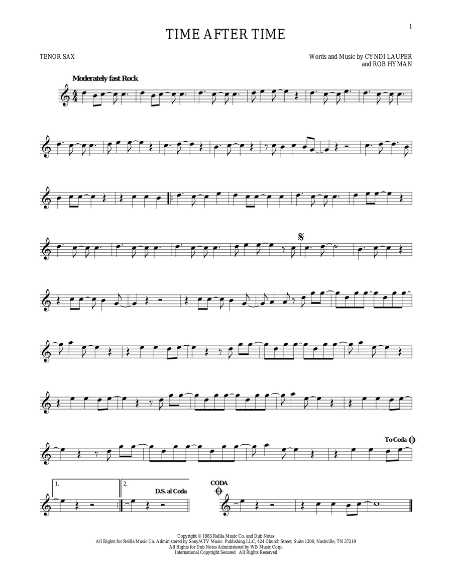Time After Time Tenor Saxophone scores gallery preview page 1