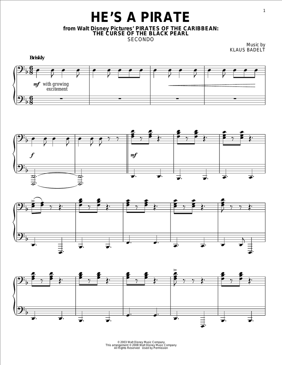 He's A Pirate (from Pirates Of The Caribbean: The Curse of the Black Pearl) Piano Duet scores gallery preview page 1