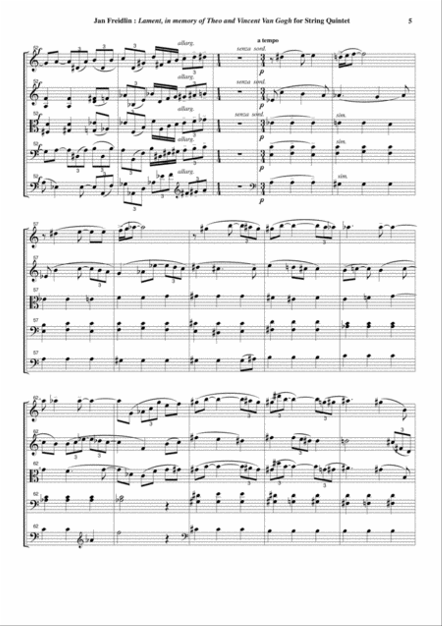 Jan Freidlin: Lament in Memory of Theo and Vincent Van Gogh for string quintet, score and parts String Quartet scores gallery preview page 5
