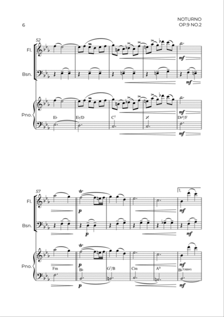NOTURNO OP.9 NO.2 - CHOPIN - WIND PIANO TRIO (FLUTE, BASSOON & PIANO) Bassoon scores gallery preview page 6