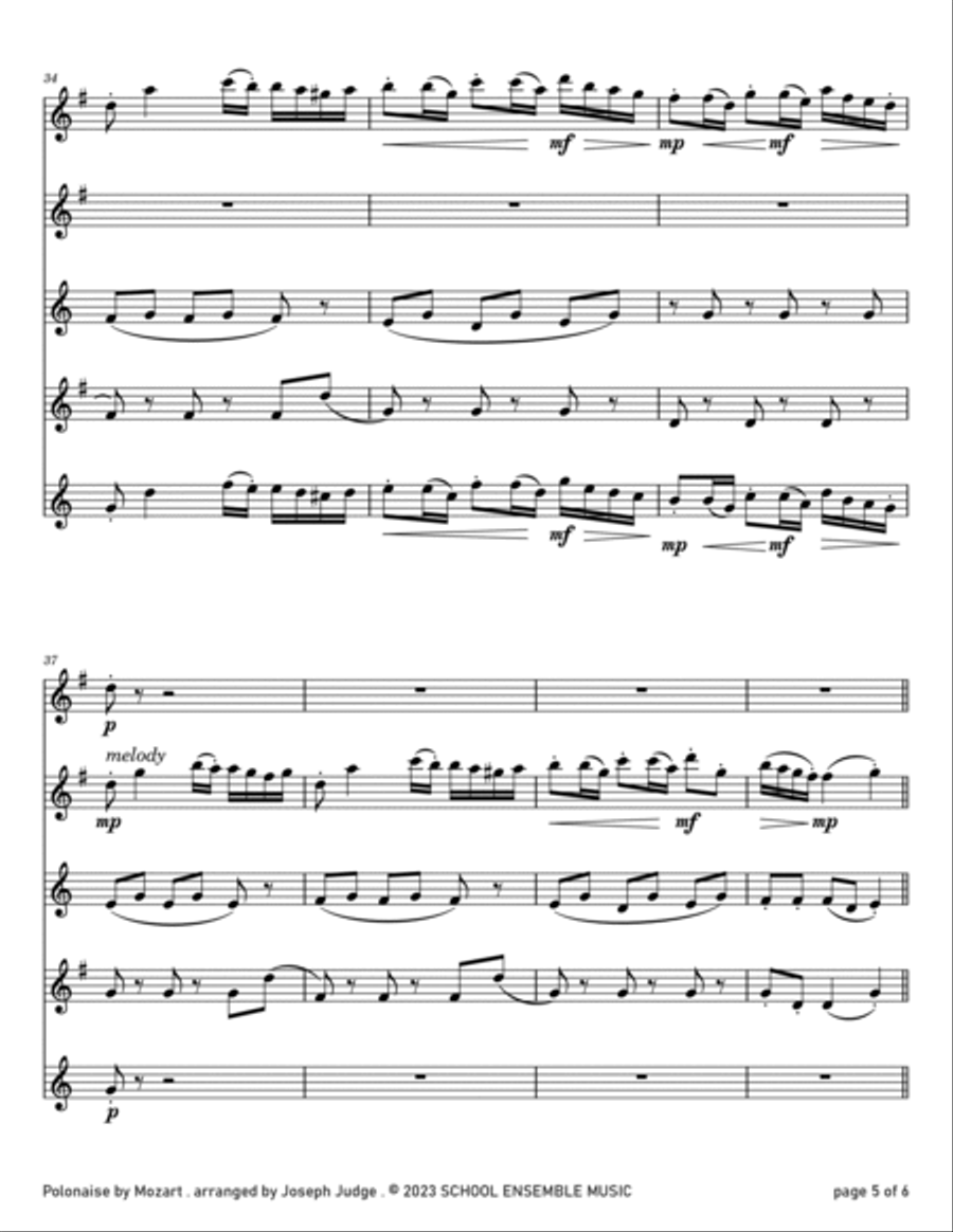 Polonaise by Mozart for Saxophone Quartet in Schools Saxophone Quartet scores gallery preview page 5