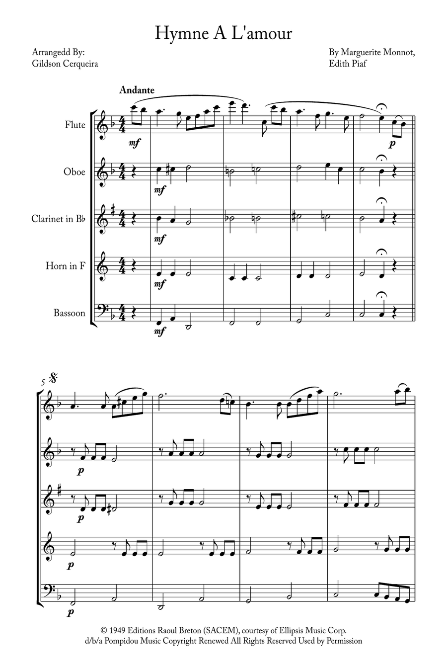 Hymne A L'amour Woodwind Quintet scores gallery preview page 1