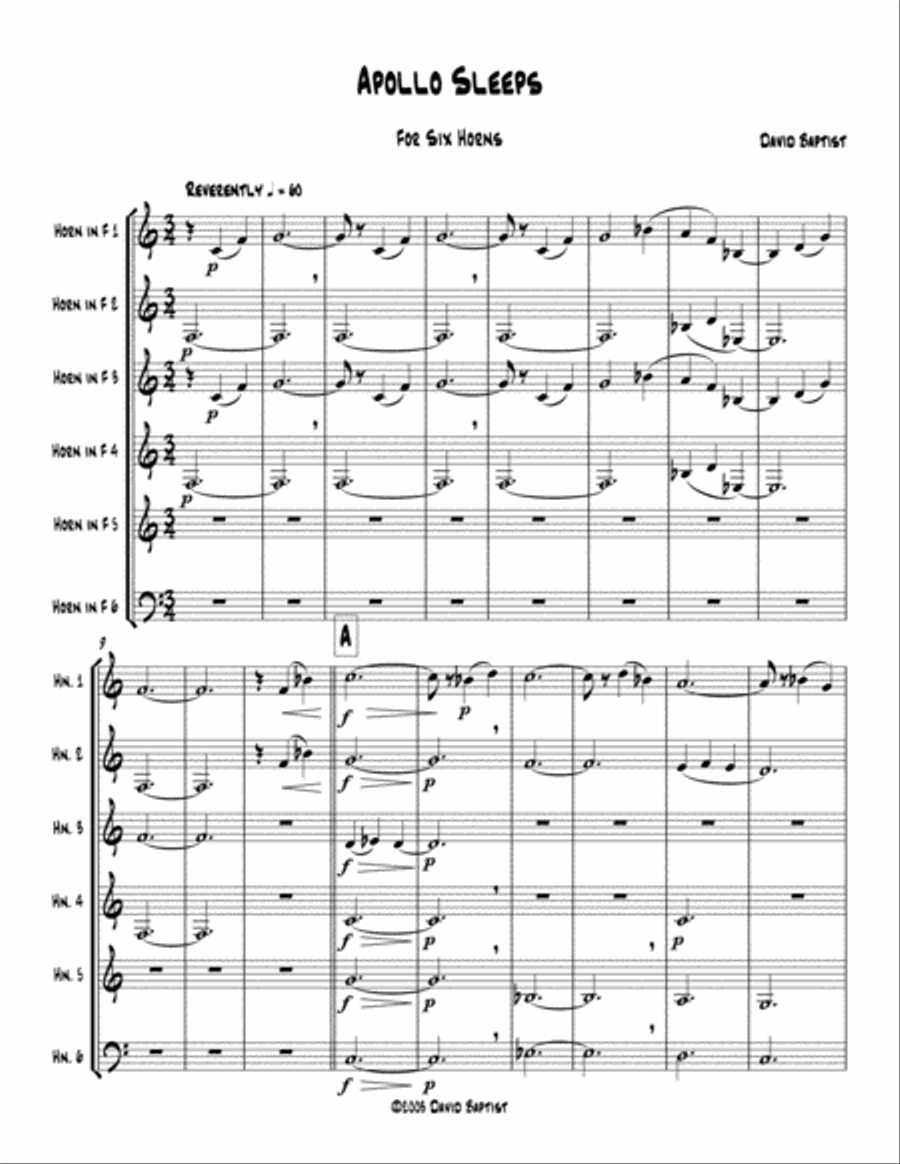 Apollo Sleeps for Six Horns Brass Ensemble scores gallery preview page 1