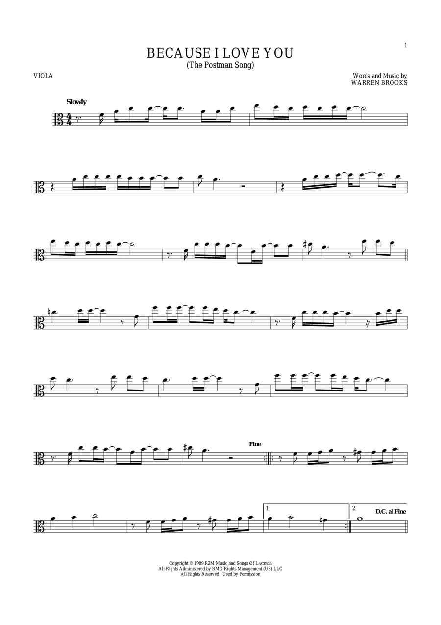 Because I Love You (The Postman Song) Viola Solo scores gallery preview page 1