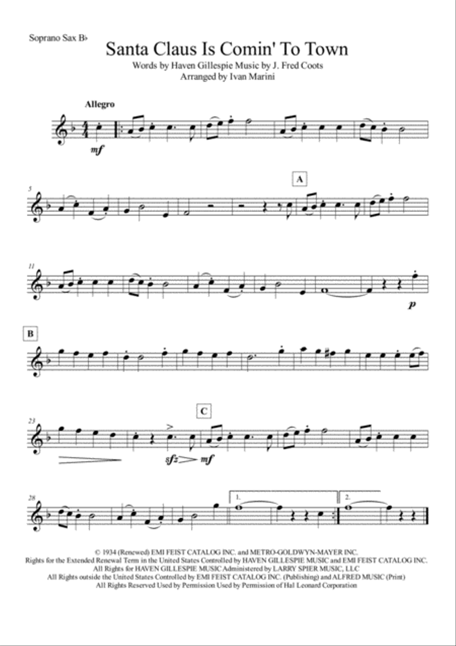 Santa Claus Is Comin' To Town Saxophone Quartet scores gallery preview page 5